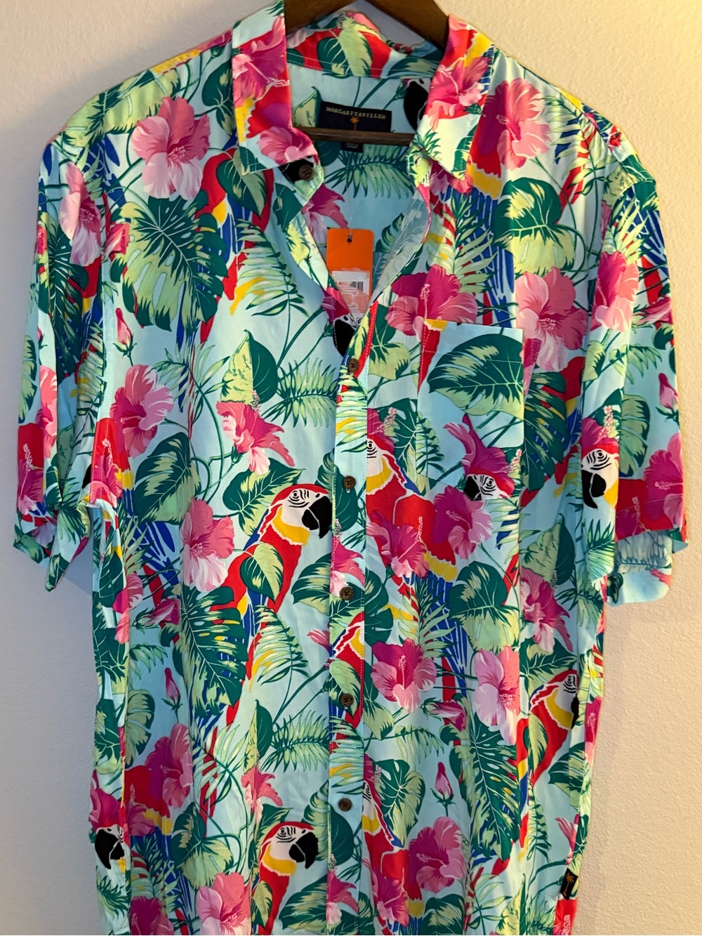Margaritaville Aqua Parrot & Pink Floral Button-Down Shirt - Men’s Large